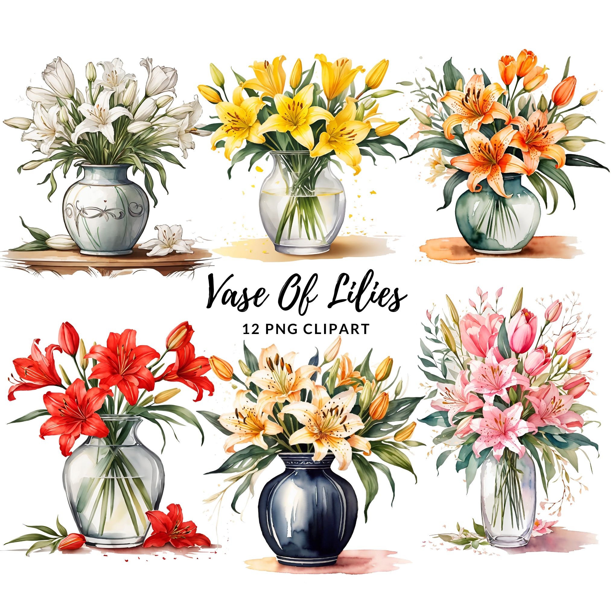 ユリの花瓶の水彩画クリップアート - 花瓶に入ったユリの花束、花の