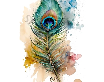 Peacock Feather Clipart - 12 High Quality PNGs, Digital Planner, Junk Journaling, Watercolor, Wall Art, Commercial Use, Digital Download
