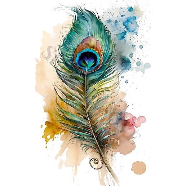 Peacock Feather Clipart - 12 High Quality PNGs, Digital Planner, Junk Journaling, Watercolor, Wall Art, Commercial Use, Digital Download