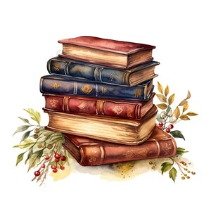May include: A stack of vintage hardback books with brown, red, and blue covers, surrounded by watercolour illustrations of leaves and berries.