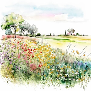 Wildflower Meadow Clipart - 12 High Quality JPGs, Watercolor, Digital Planner, Junk Journal, Wall Art, Digital Download