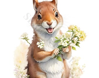 Happy Squirrel With Flowers - 10 High Quality PNGs - Digital Planner, Junk Journals, Watercolor, Commercial Use, Digital Download