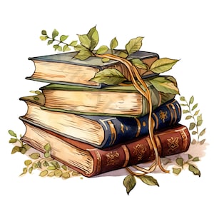 May include: A stack of four vintage hardback books with worn leather covers and gold accents. The books are decorated with green leaves and vines.