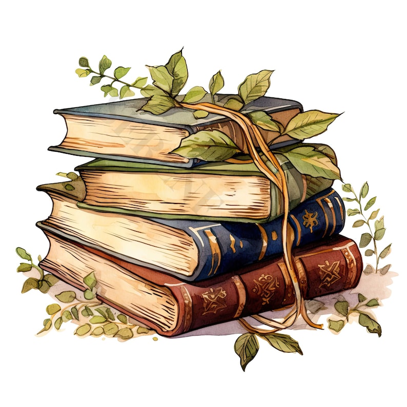 May include: A stack of four vintage hardback books with worn leather covers and gold accents. The books are decorated with green leaves and vines.