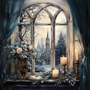 Clipart della finestra di Natale - 12 JPG di alta qualità, creazione di carta digitale, pianificatore digitale, abbigliamento, acquerello, download digitale