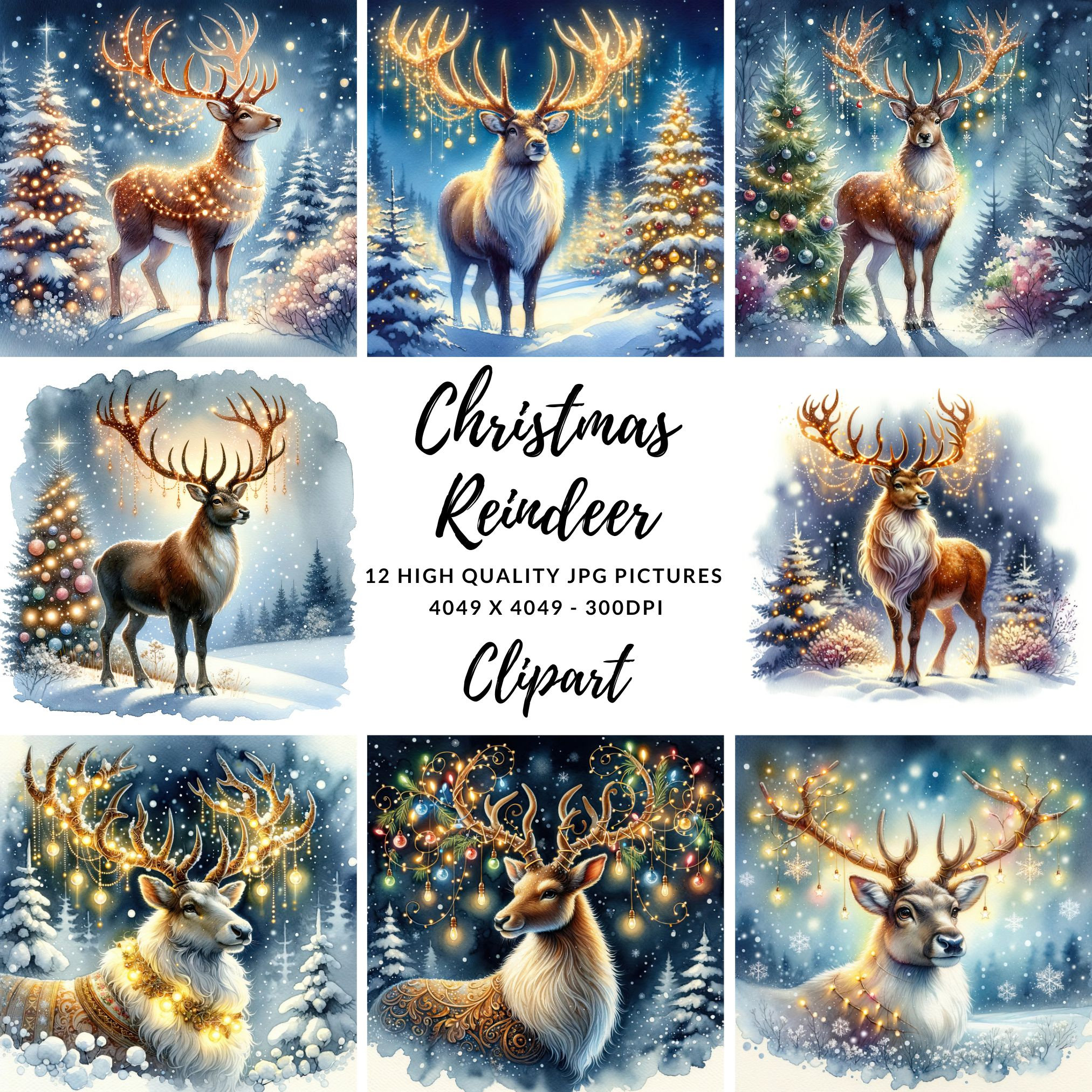 Christmas Reindeer Clipart - 12 High Quality Jpgs, Digital Paper ...