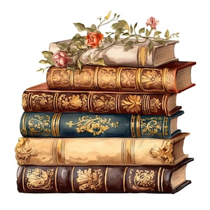 May include: A stack of six antique books with ornate gold detailing and floral accents. The top book has a light brown cover and the rest have dark brown covers. The books are decorated with gold leaf and floral patterns. A single pink flower and a cluster of red flowers are on top of the books.