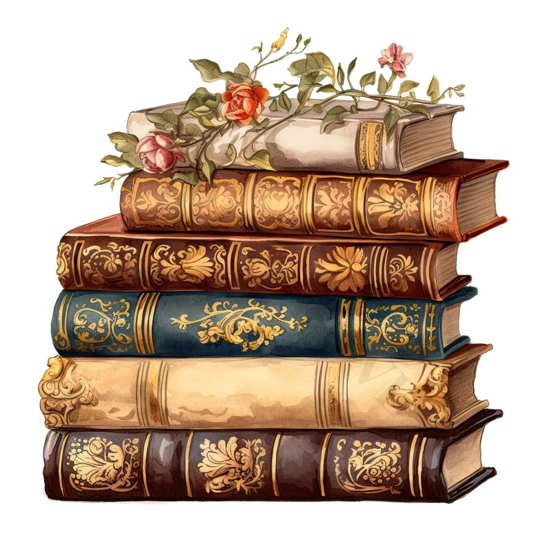 May include: A stack of six antique books with ornate gold detailing and floral accents. The top book has a light brown cover and the rest have dark brown covers. The books are decorated with gold leaf and floral patterns. A single pink flower and a cluster of red flowers are on top of the books.