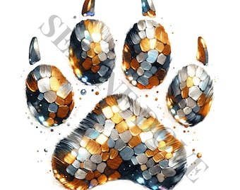 May include: A gold and silver paw print with a textured, mosaic-like design. The paw print is painted in a watercolor style.