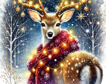 Clipart di cervi invernali: immagini PNG acquerellate per creazioni digitali (download digitale)