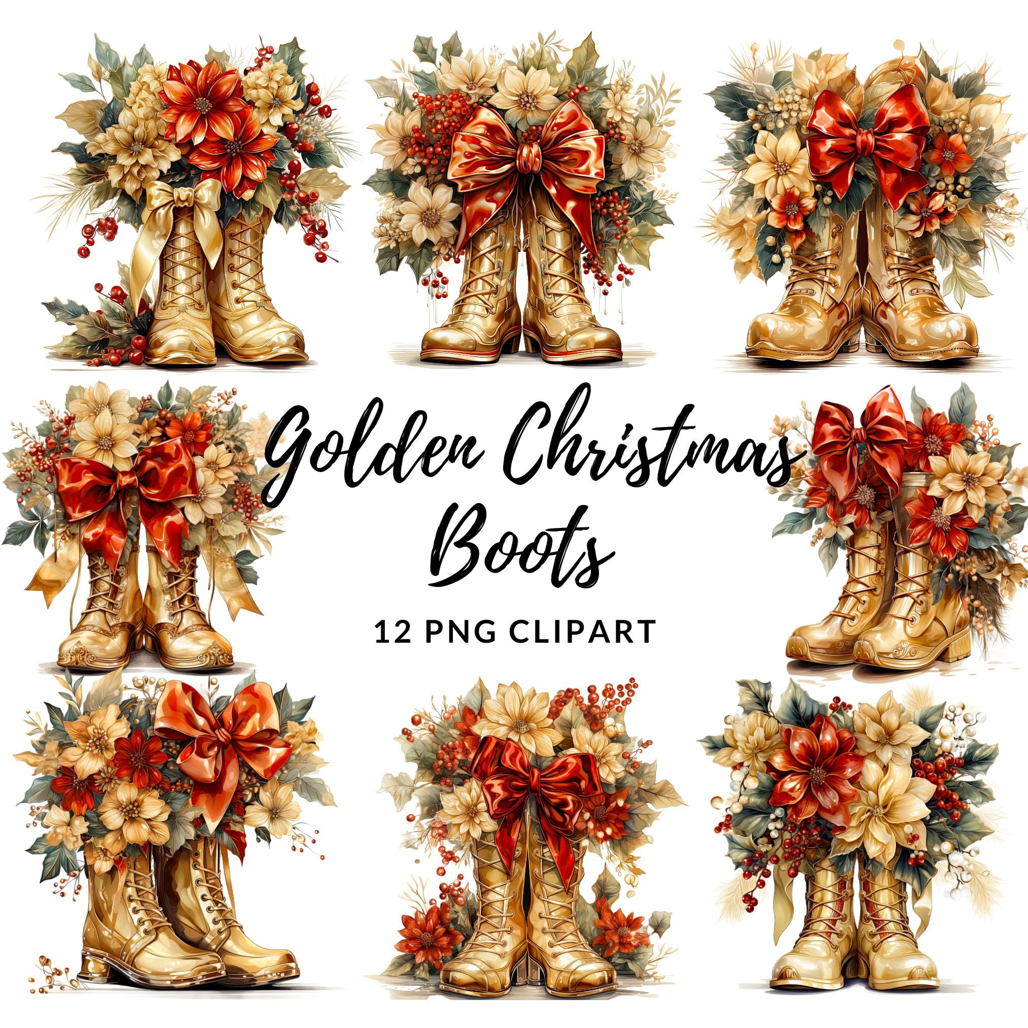 Golden Christmas Boots Clipart 12 High Quality Pngs Digital Etsy