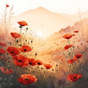 Clipart champ de coquelicots - 12 fichiers JPG de haute qualité, aquarelle, agenda numérique, journal indésirable, art mural, téléchargement numérique