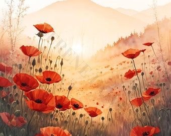 Field Of Poppies Clipart - 12 High Quality JPGs, Watercolor, Digital Planner, Junk Journal, Wall Art, Digital Download