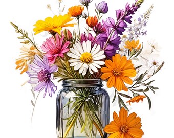 Vase mit Wildblumen Clipart - 12 hochwertige PNGs, digitaler Download, Kartenherstellung, Mixed Media, digitales Papierhandwerk