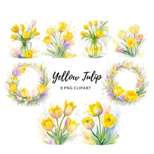 Yellow Tulip Clipart Bundle - Watercolor Spring Flowers PNG, Floral ...