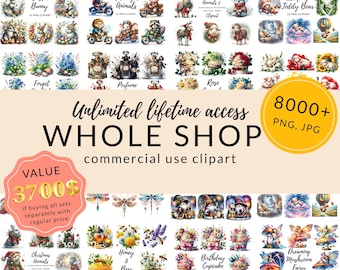May include: A collage of digital illustrations featuring various themes, including animals, holidays, and nature. The illustrations are in a watercolor style and feature bright colors. The text "Unlimited lifetime access 8000+ PNG, JPG WHOLE SHOP commercial use clipart VALUE 3700$" is displayed on the image.