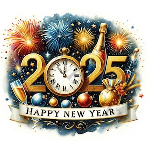 Feliz Ano Novo 2025 Clipart - 13 JPGs de alta qualidade, artesanato em papel digital, planejador digital, vestuário, aquarela, download digital