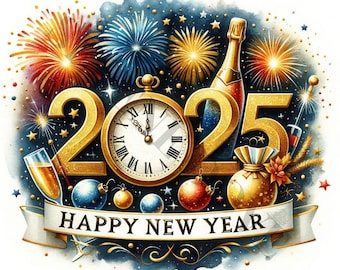 Frohes Neues Jahr 2025 Clipart - 13 hochwertige JPGs, digitales Papier Handwerk, digitaler Planer, Kleidung, Aquarell, digitaler Download