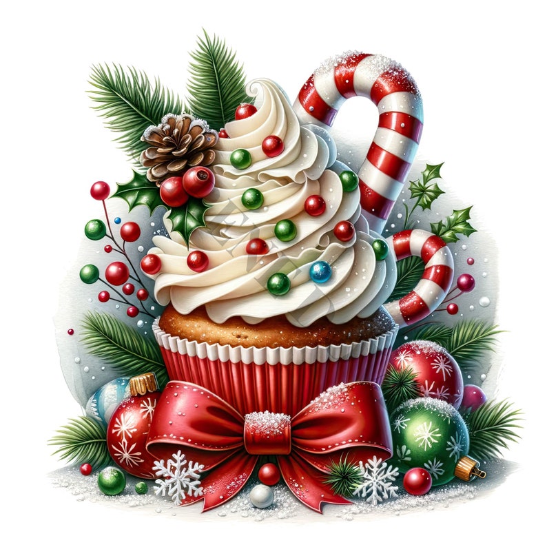 K&ouml;nnte beinhalten: Ein mit gr&uuml;nem und rotem Streusel verzierter, gefrosteter Cupcake, auf dem ein rot-wei&szlig;es Zuckerrohr liegt. Der Cupcake ist umgeben von einer roten Schleife, gr&uuml;nen Kiefern&auml;sten und roten und gr&uuml;nen Kugeln.