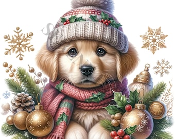 Peut inclure: Un chiot golden retriever portant un bonnet en tricot rouge et blanc avec un pompon et une écharpe rose avec des accents de houx. Le chiot est entouré d'ornements de Noël, de branches de pin et de flocons de neige.