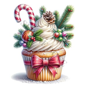 K&ouml;nnte beinhalten: Ein wei&szlig;er Cupcake mit einem roten und wei&szlig;en Zuckerstangen, einer braunen Tannenzapfen, gr&uuml;nen Tannenzweigen, roten und gr&uuml;nen Beeren und einer roten Schleife. Der Cupcake ist mit wei&szlig;em Frosting und Streuseln verziert.