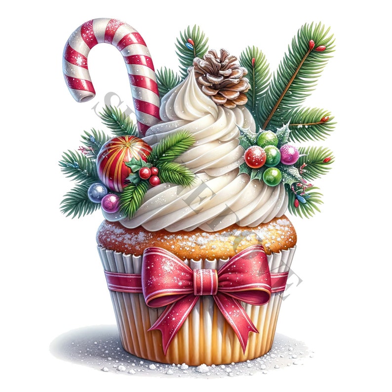 K&ouml;nnte beinhalten: Ein wei&szlig;er Cupcake mit einem roten und wei&szlig;en Zuckerstangen, einer braunen Tannenzapfen, gr&uuml;nen Tannenzweigen, roten und gr&uuml;nen Beeren und einer roten Schleife. Der Cupcake ist mit wei&szlig;em Frosting und Streuseln verziert.