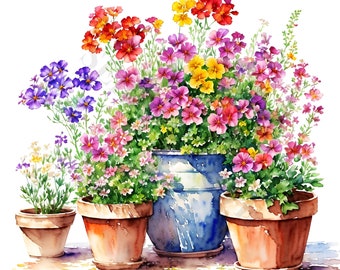 Puede incluir: Una pintura de acuarela de una variedad de flores coloridas en macetas. Las flores son en tonos de rosa, morado, amarillo y rojo. Las macetas son marrones, azules y blancas.