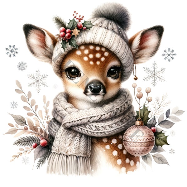 Christmas Fawn Clipart - 12 PNG de haute qualité, Livre de mémoire, Journaux indésirables, Scrapbooks, Planificateurs numériques, Utilisation commerciale, Sublimation