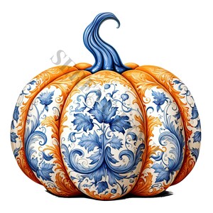 May include: A white pumpkin with a blue and gold floral design. The pumpkin has a traditional pumpkin shape with a stem.
