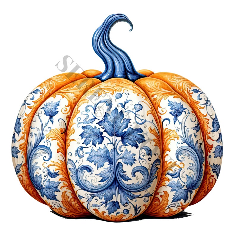 May include: A white pumpkin with a blue and gold floral design. The pumpkin has a traditional pumpkin shape with a stem.