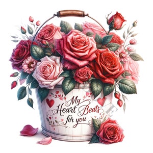 バレンタインの花のバケツのクリップアート - 12 の高品質 PNG、メモリーブック、ジャンクジャーナル、スクラップブック、デジタルプランナー、コマーシャル、昇華