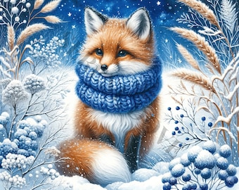 Può includere: Illustrazione ad acquerello di una volpe in una scena invernale innevata. La volpe ha la pelliccia arancione e indossa una sciarpa blu a maglia. Lo sfondo presenta piante coperte di neve e un cielo stellato.