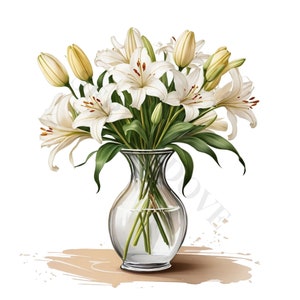 Vase of Lilies Watercolor Clipart - Lily Bouquet in Vase, Floral ...