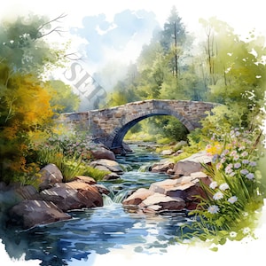 Brug over de stroom aquarel clipart - 14 hoge kwaliteit JPG's, digitaal papier maken, digitale planner, kleding, aquarel