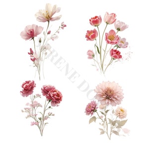Clipart bouquets de fleurs - aquarelle PNG, scrapbooking, art mural, journal floral indésirable, faire-part de mariage, agenda numérique, images collage