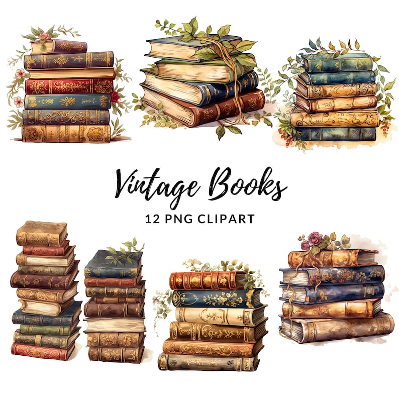 May include: Vintage book illustrations with floral accents. A set of 12 PNG clipart images featuring stacks of old books with floral embellishments.