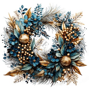 Blue And Gold Copper Wreath Clipart - 12 High Quality PNGs, Digital Paper Crafting, Digital Planner, Apparel, Watercolor, Digital Download