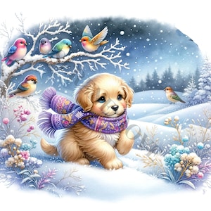 Clipart de cachorrinho de inverno - 14 PNGs de alta qualidade, download digital, criação de cartões, clip art, artesanato em papel digital, sublimação