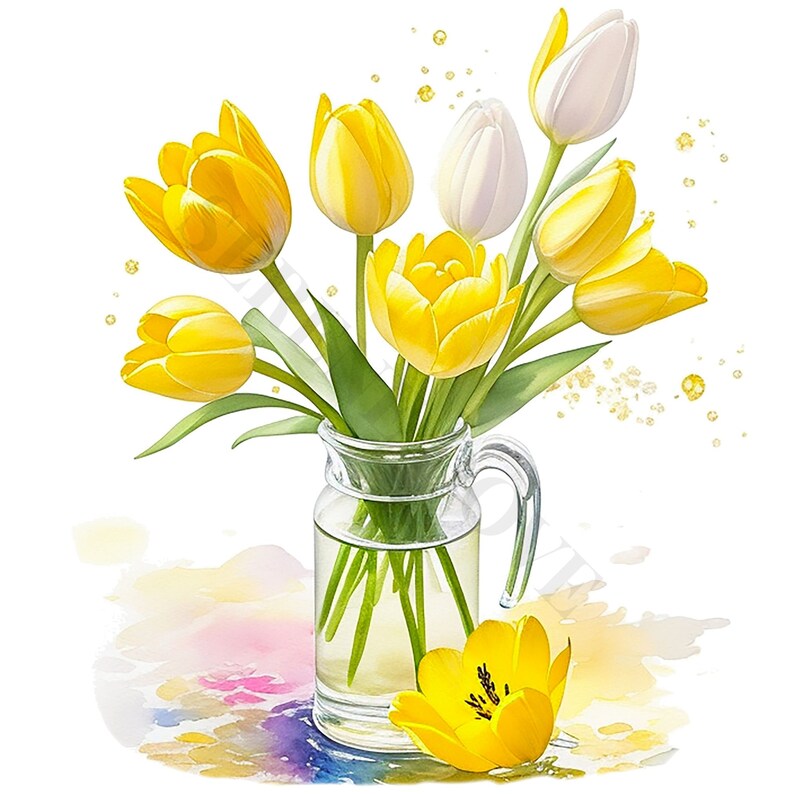 Yellow Tulip Clipart Bundle - Watercolor Spring Flowers PNG, Floral ...