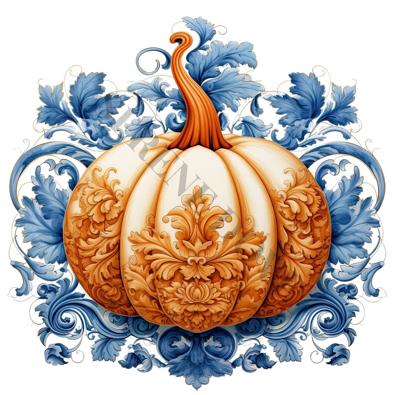 May include: A white pumpkin with intricate orange floral designs is surrounded by blue and gold swirling foliage.