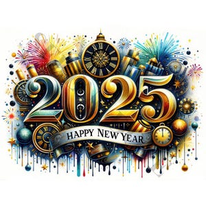 Feliz Ano Novo 2025 Clipart Set 2 - 12 JPGs de alta qualidade, artesanato em papel digital, planejador digital, vestuário, aquarela, download digital