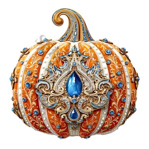 May include: A decorative pumpkin with a gold and blue design. The pumpkin is adorned with intricate details and jewels, giving it a regal and festive look.