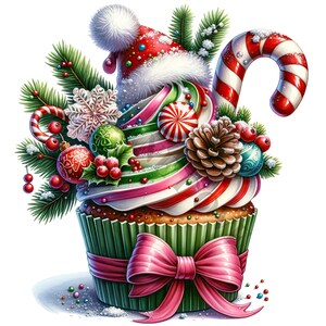 K&ouml;nnte beinhalten: Ein festlicher Cupcake, verziert mit einer Weihnachtsmannm&uuml;tze, Zuckerstangen und Weihnachtsornamenten. Der Cupcake ist mit einem Strudel aus rosa, gr&uuml;nem und wei&szlig;em Frosting bedeckt und von Kiefern&auml;sten und Stechpalmen umgeben.
