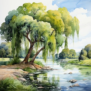 Op de afbeelding: Een aquarel schilderij van een treurwilg met lange groene takken die over een kalme blauwe rivier hangen. De boom is op de voorgrond van het schilderij, en de rivier is op de achtergrond. De lucht is lichtblauw met witte wolken.