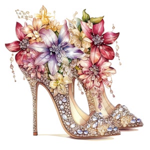 Floral High Heels Clipart - 12 hoogwaardige PNG&#39;s, digitaal papier maken, digitale planner, kleding, aquarel, digitale download