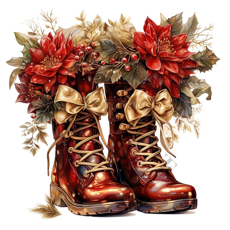 Pode incluir: Um par de botas de couro vermelho com la&ccedil;os e cadar&ccedil;os dourados, decoradas com flores de poinsettia vermelhas e folhagem verde.