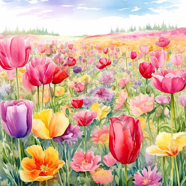 Clipart aquarelle champ de tulipes - 12 fichiers JPG de haute qualité, créations en papier numérique, agenda numérique, vêtements, aquarelle, téléchargement numérique