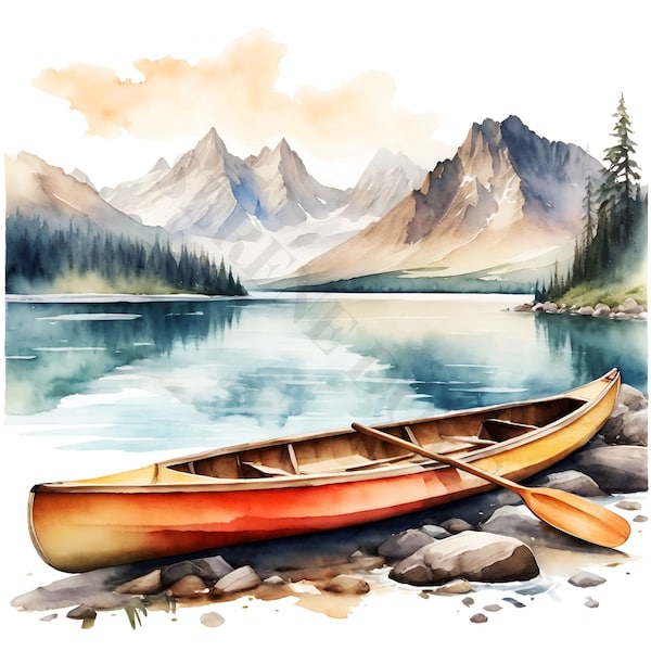 Canoe in Lake Clipart - 12 High Quality PNGs, Watercolor Art, Digital Download, Card Making, Mixed Media, Digital Paper Craft