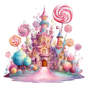 Candyland Castle Clipart - 12 wysokiej jakości plików PNG, cyfrowe tworzenie papieru, cyfrowy planer, odzież, akwarela, pobieranie cyfrowe