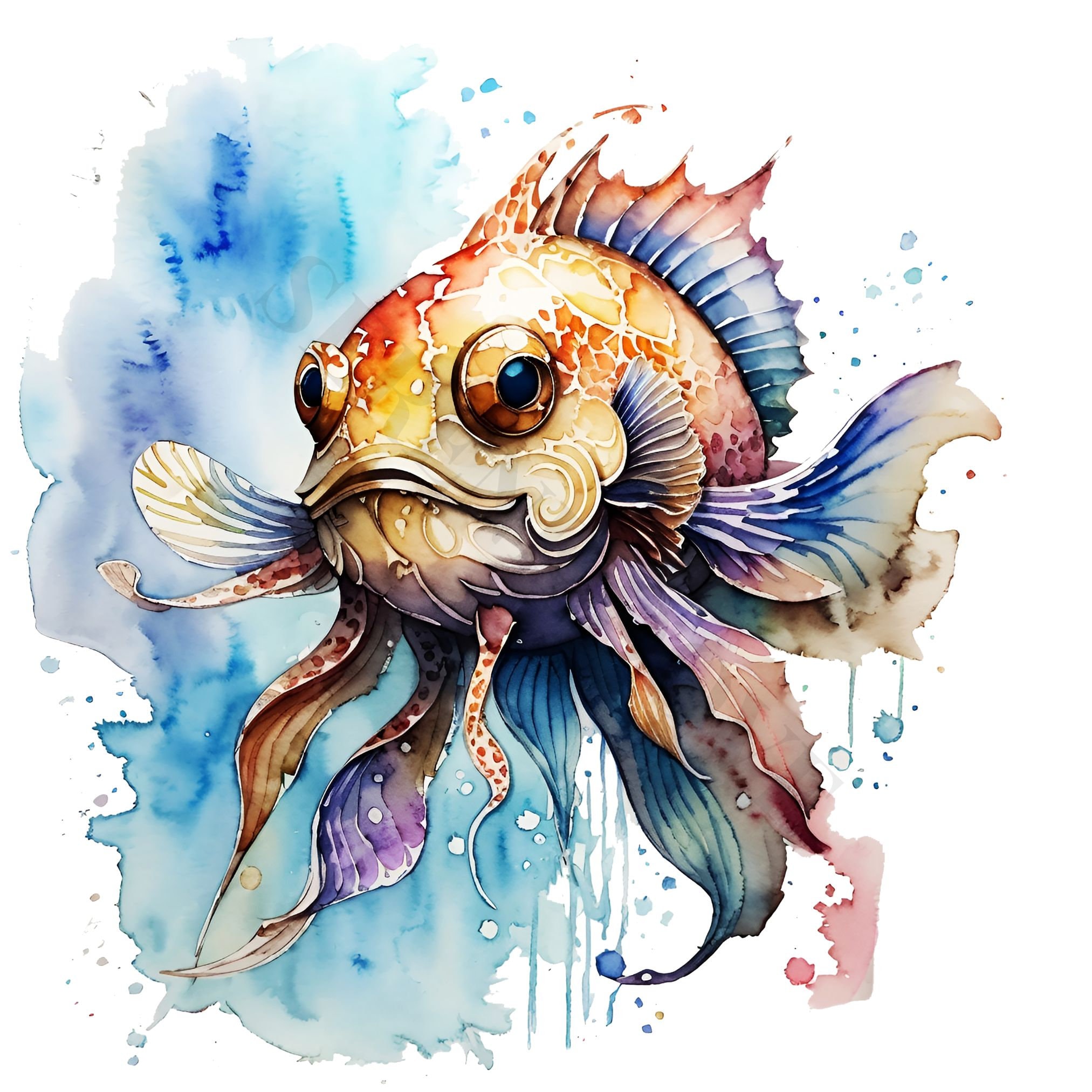 Magic Cartoon Fish Watercolor Magical Fish Clipart – Fantasy PNG Images (digital Download ...